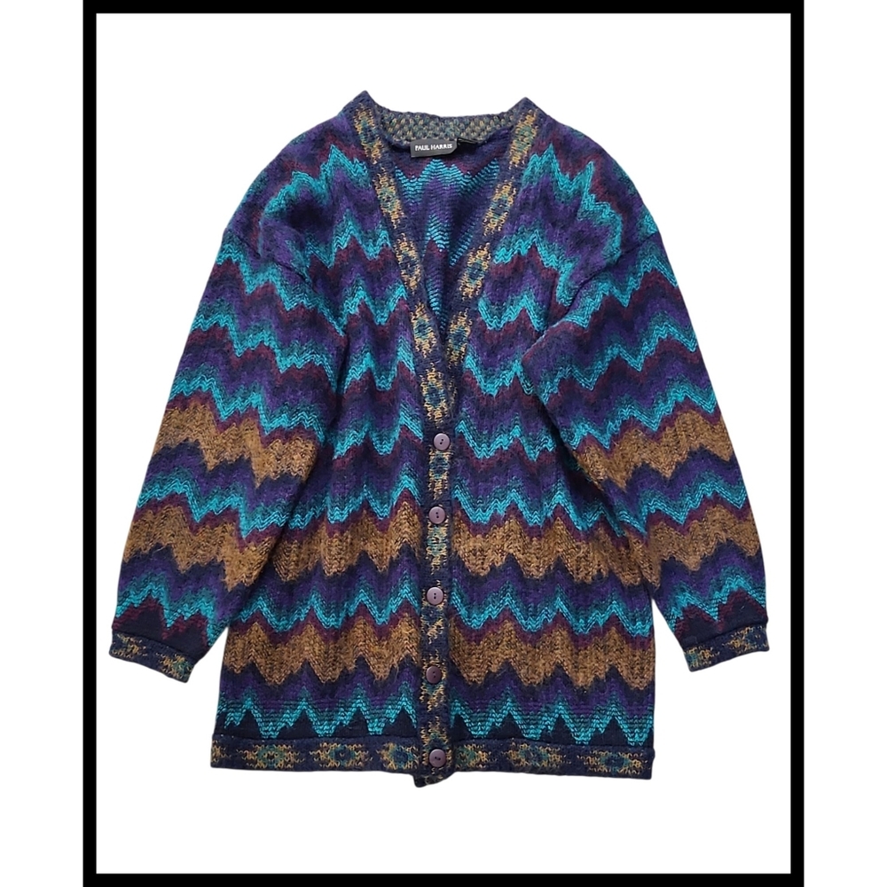 Paul Harris Vintage Wool Mohair Long Cardigan Sweater Multi Flamestitch Large